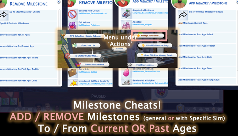 Мод Sims 4 «Управление рубежами Milestone Cheats» от lumpinou