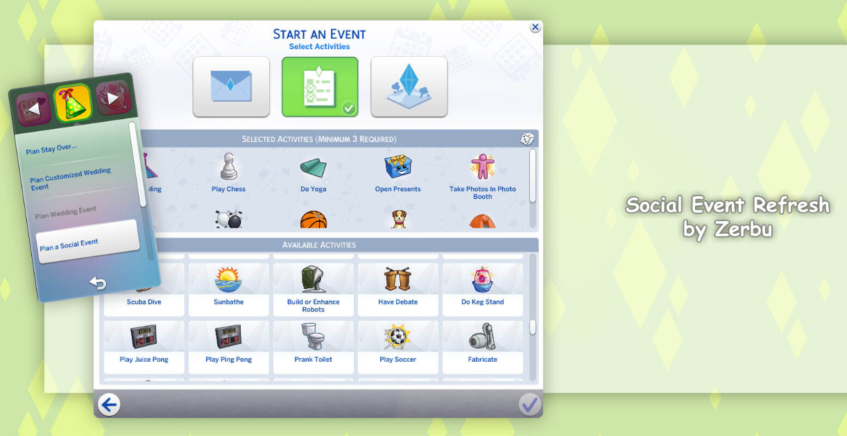 Мод Sims 4 «Настройка и переработка мероприятий» от Zerbu