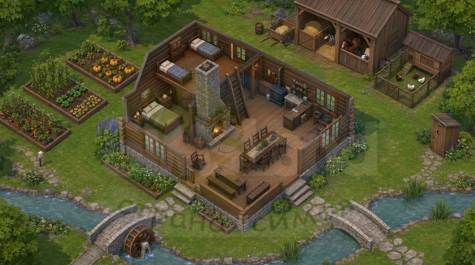 Планы домов: Маленький домик в прерии — бревенчатый дом с фермой для Sims 4